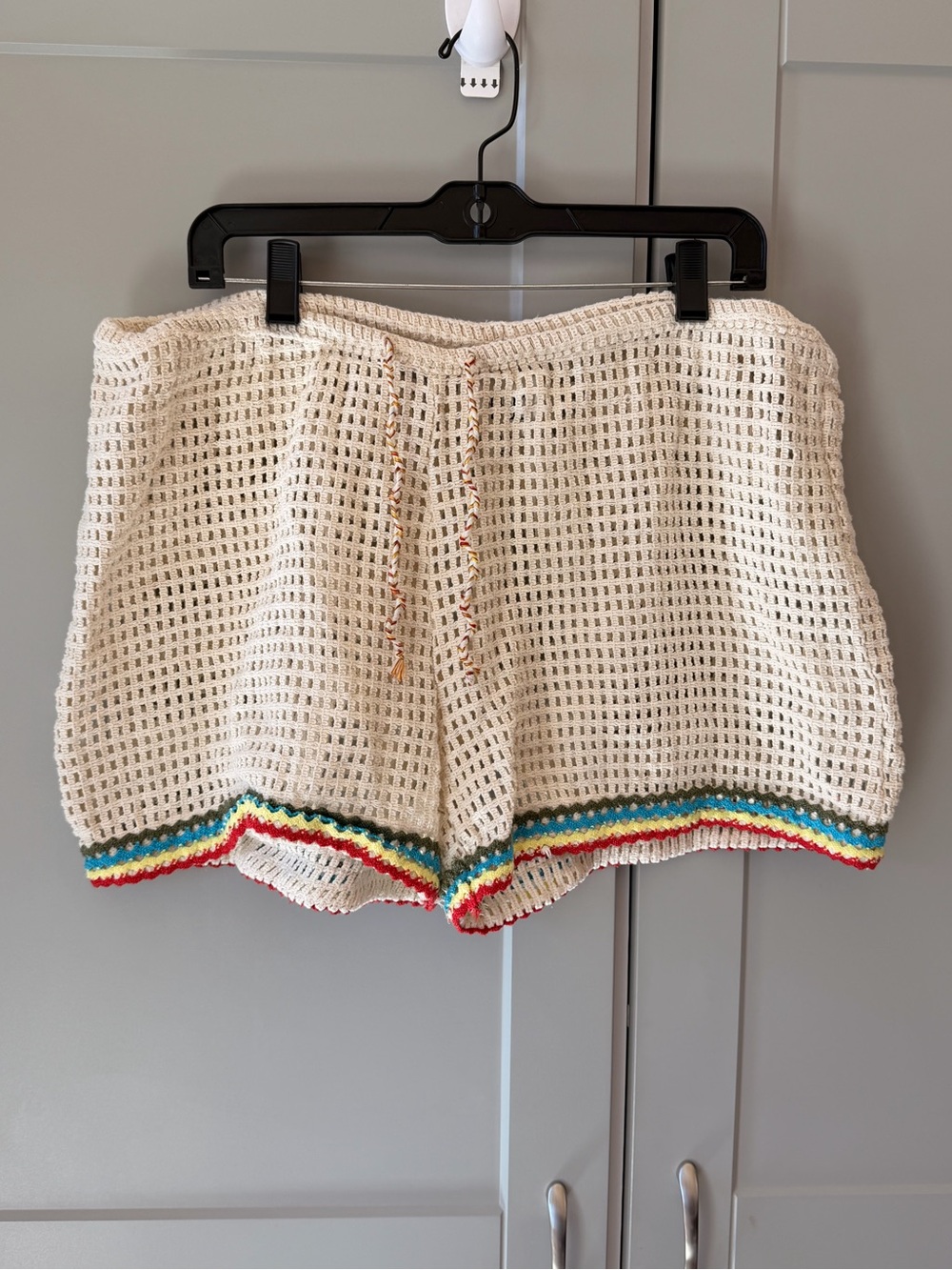 BDG Cream Crochet Knit Shorts Rainbow Trim Drawstring Boho Festival Size XL